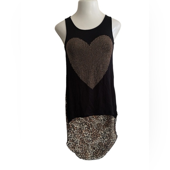 Ocasion High Low Black Righstones Heart Leopard Sheer Contrast Tunic Top S - Picture 1 of 10
